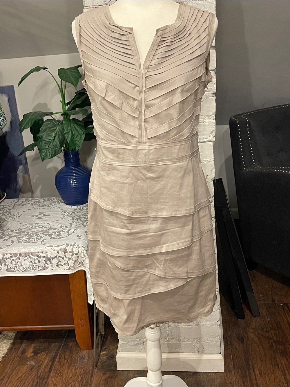 Alfani Sleeveless Layered Pleat-Front Midi Dress in Taupe